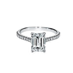Luxury emerald cut moissanite engagement ring with pavé band in 9k white gold ApolloGem.
