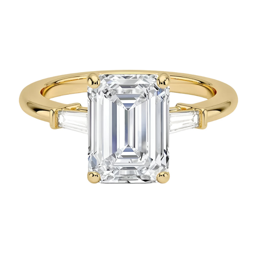 Emerald cut moissanite engagement ring yellow gold tapered baguette side stones South Africa