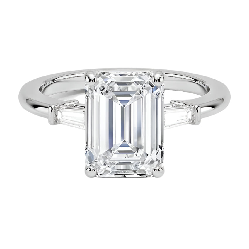 Three stone emerald moissanite engagement ring white gold 18k luxury jewelr