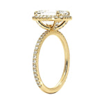 Designer halo engagement ring emerald shape 18k yellow gold affordable luxury bridal jewelry