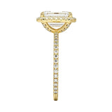 Top-down view of the emerald cut stone in a yellow gold double halo setting