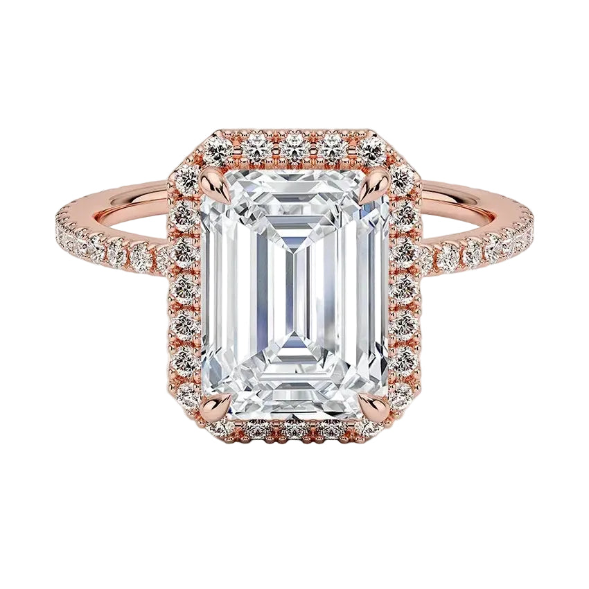 The Emerald Royal Halo moissanite ring in 9ct rose gold ApolloGem
