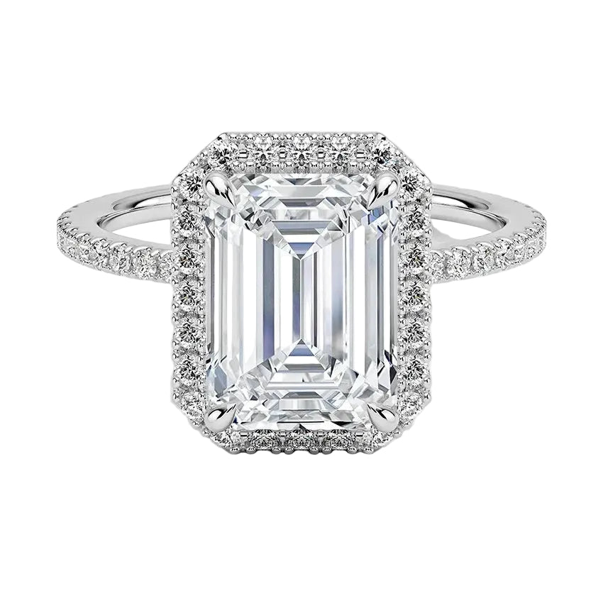 The Emerald Royal Halo moissanite ring in 9ct white gold ApolloGem