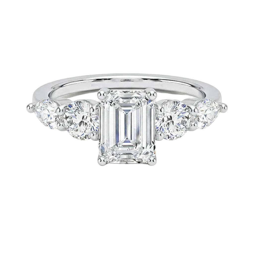 Emerald cut moissanite five stone ring white gold pear and round accents