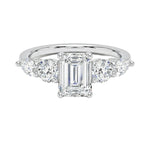 Emerald cut moissanite five stone ring white gold pear and round accents