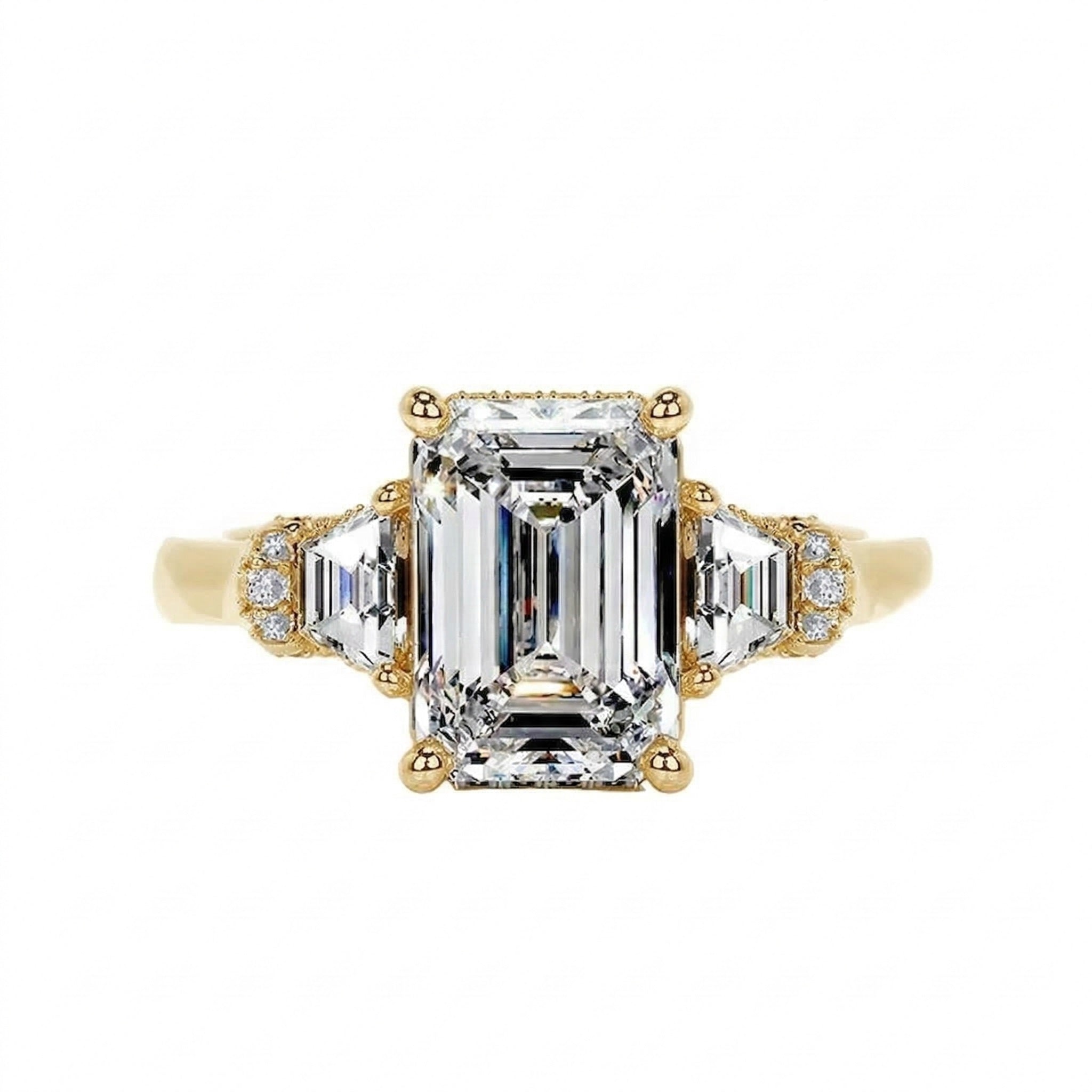 Grand emerald cut moissanite engagement ring in a heavy three-stone solid gold setting ApolloGem.