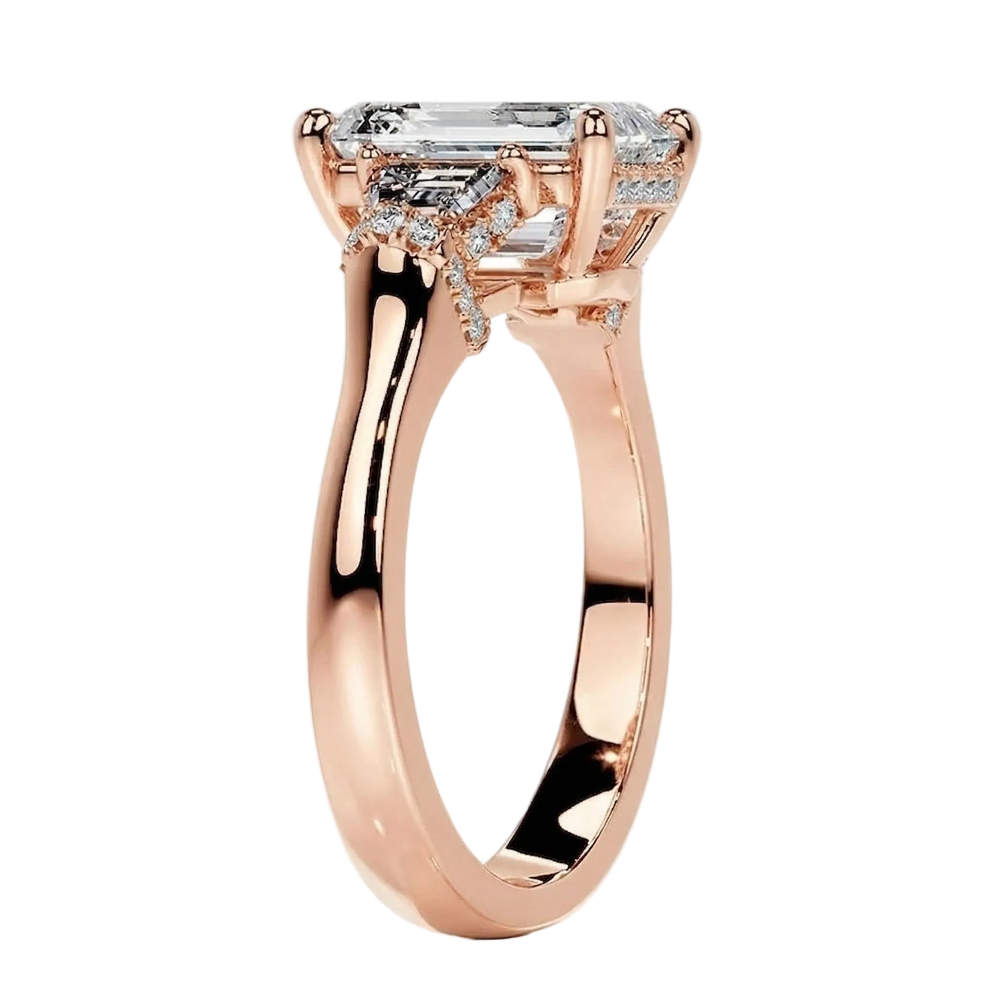 Detailed profile view showing the hidden halo and pavé-set bridge on a heavy gold band.