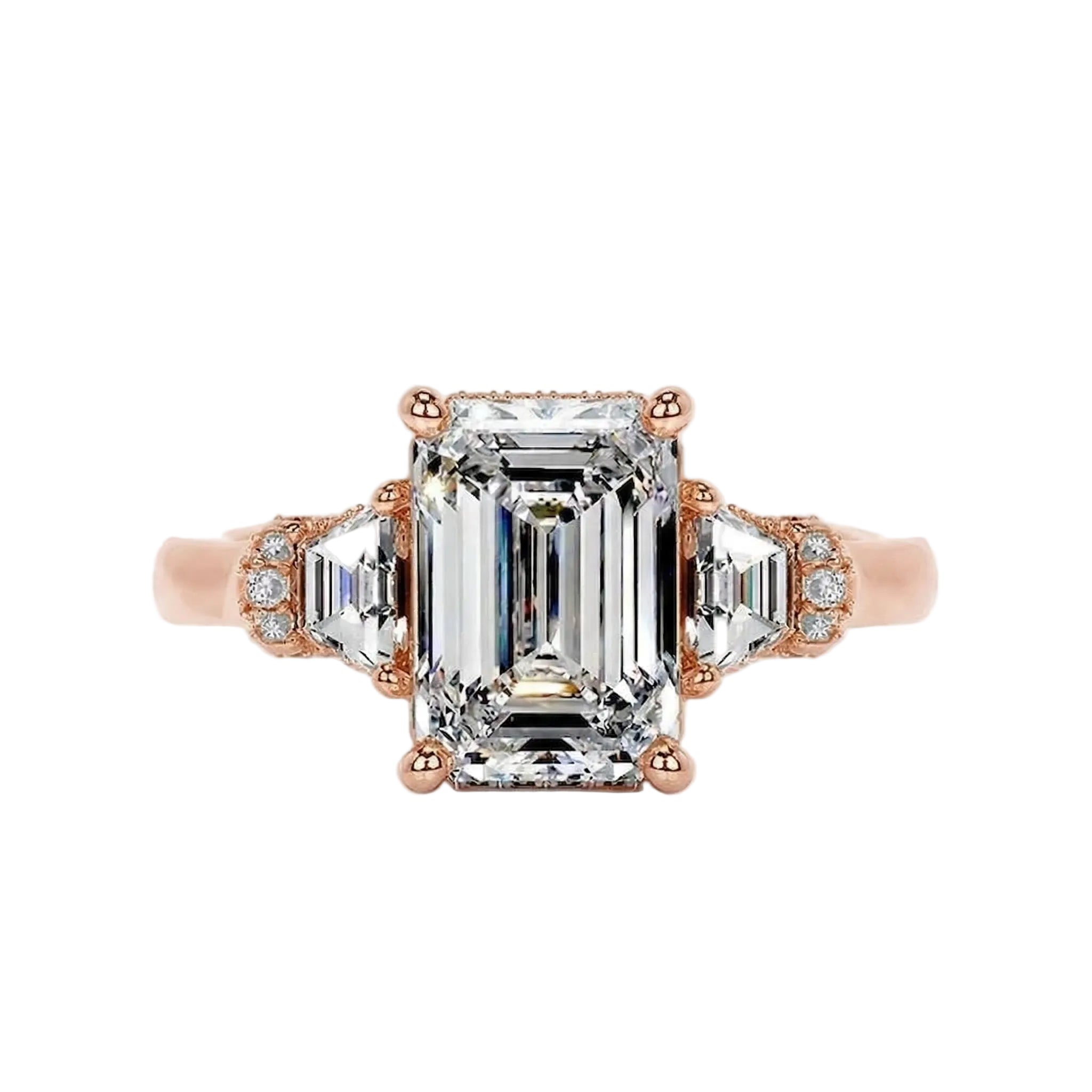 Grand emerald cut moissanite engagement ring in a heavy three-stone solid gold setting ApolloGem.