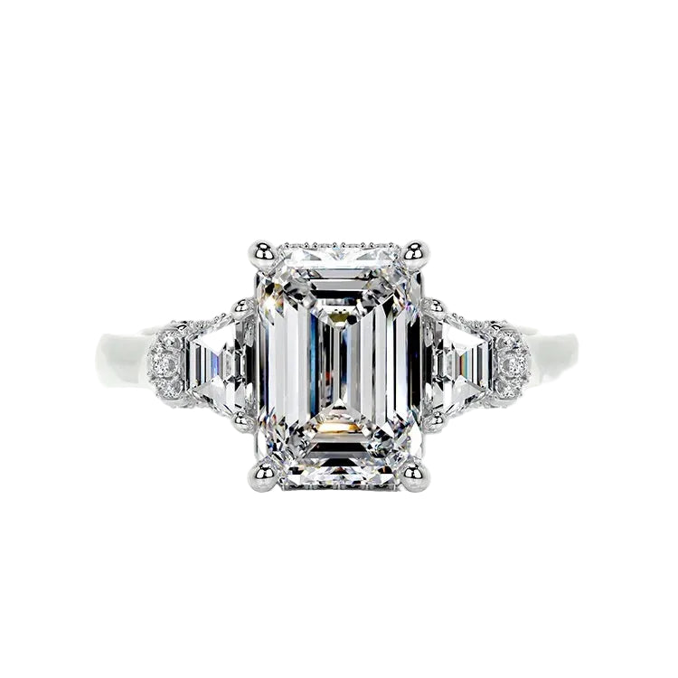 Grand emerald cut moissanite engagement ring in a heavy three-stone solid gold setting ApolloGem.