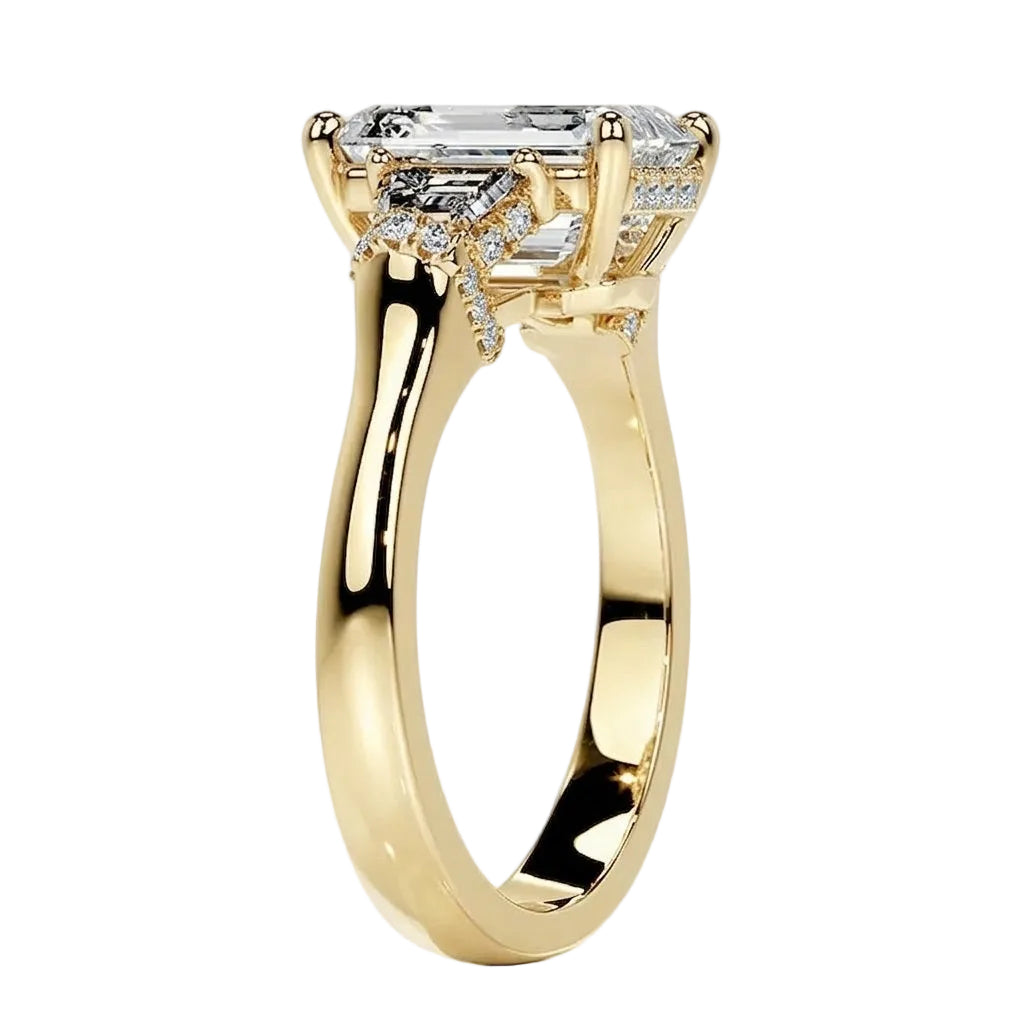 Detailed profile view showing the hidden halo and pavé-set bridge on a heavy gold band.