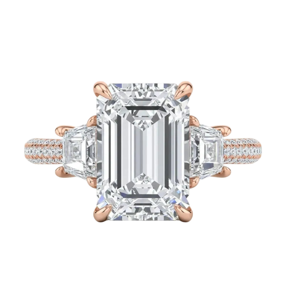 Detailed side view of an emerald cut ring showing a secret hidden halo and pavé-set bridge with GRI certified stones.