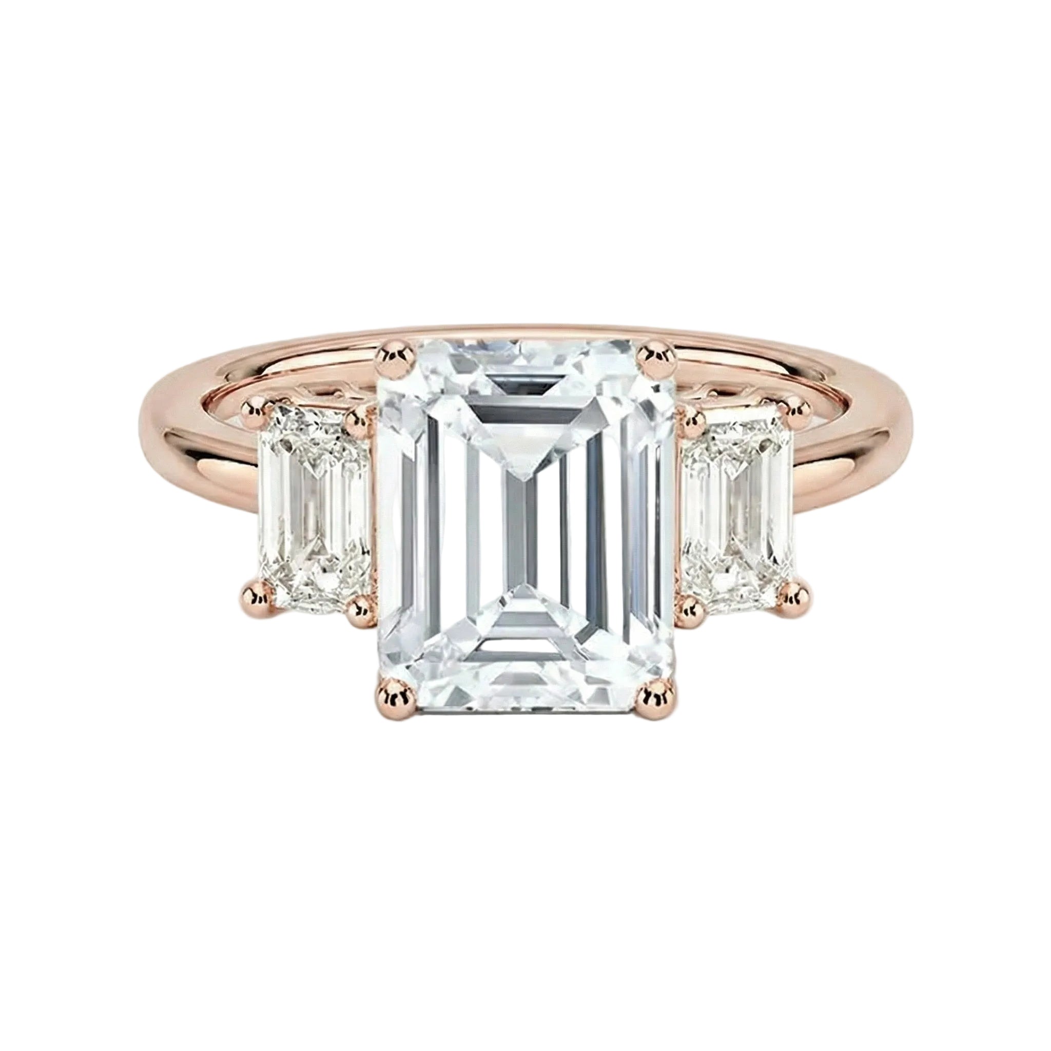 Grand emerald cut moissanite trilogy engagement ring in rose gold ApolloGem.