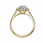 Yellow gold pear shaped ring with halo and diamond band side profile details