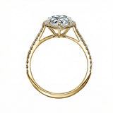 Yellow gold pear shaped ring with halo and diamond band side profile details