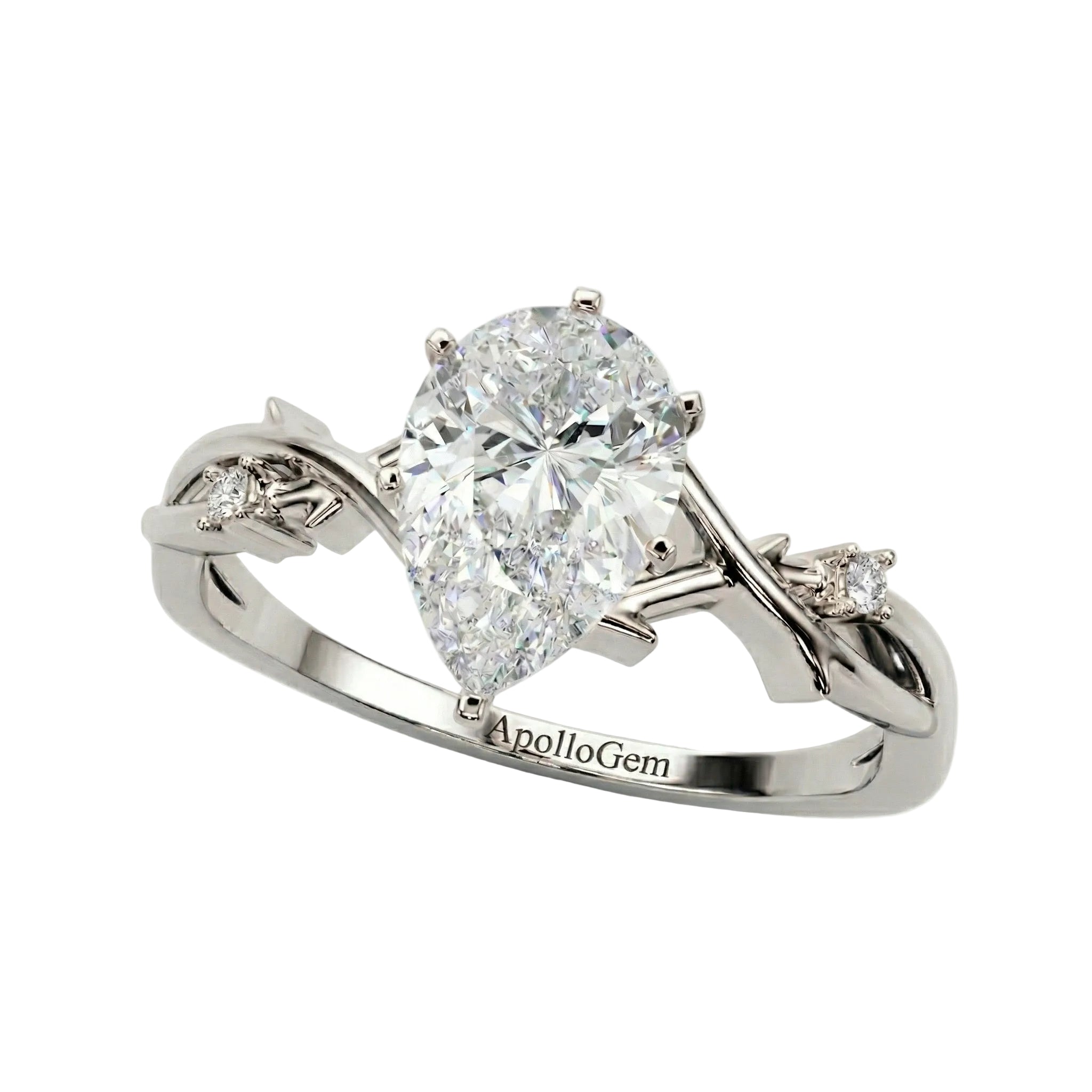 Top-down view of a D-color VVS1 pear stone in a white gold nature-inspired setting
