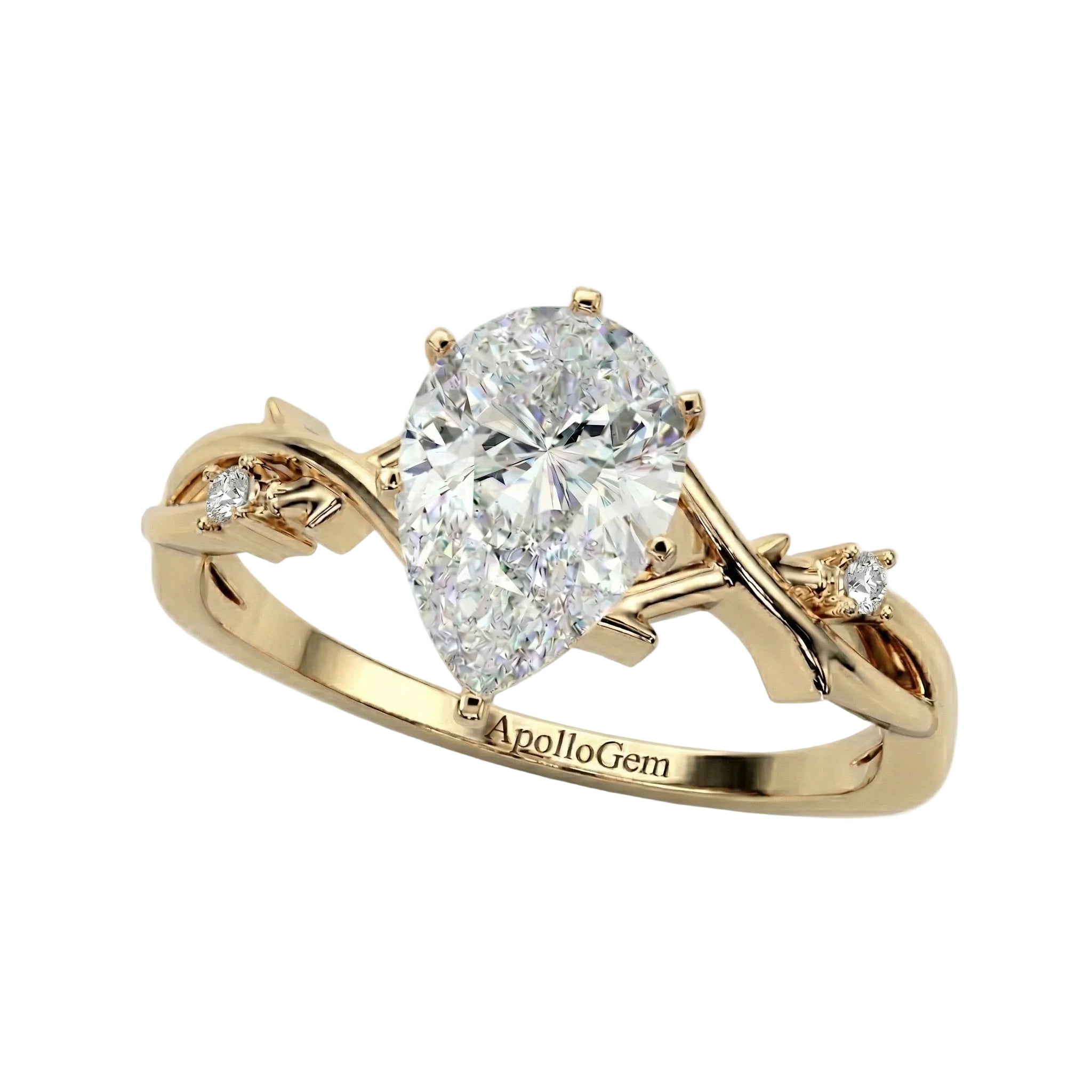 Top-down view of a D-color VVS1 pear stone in a yellow gold nature-inspired setting
