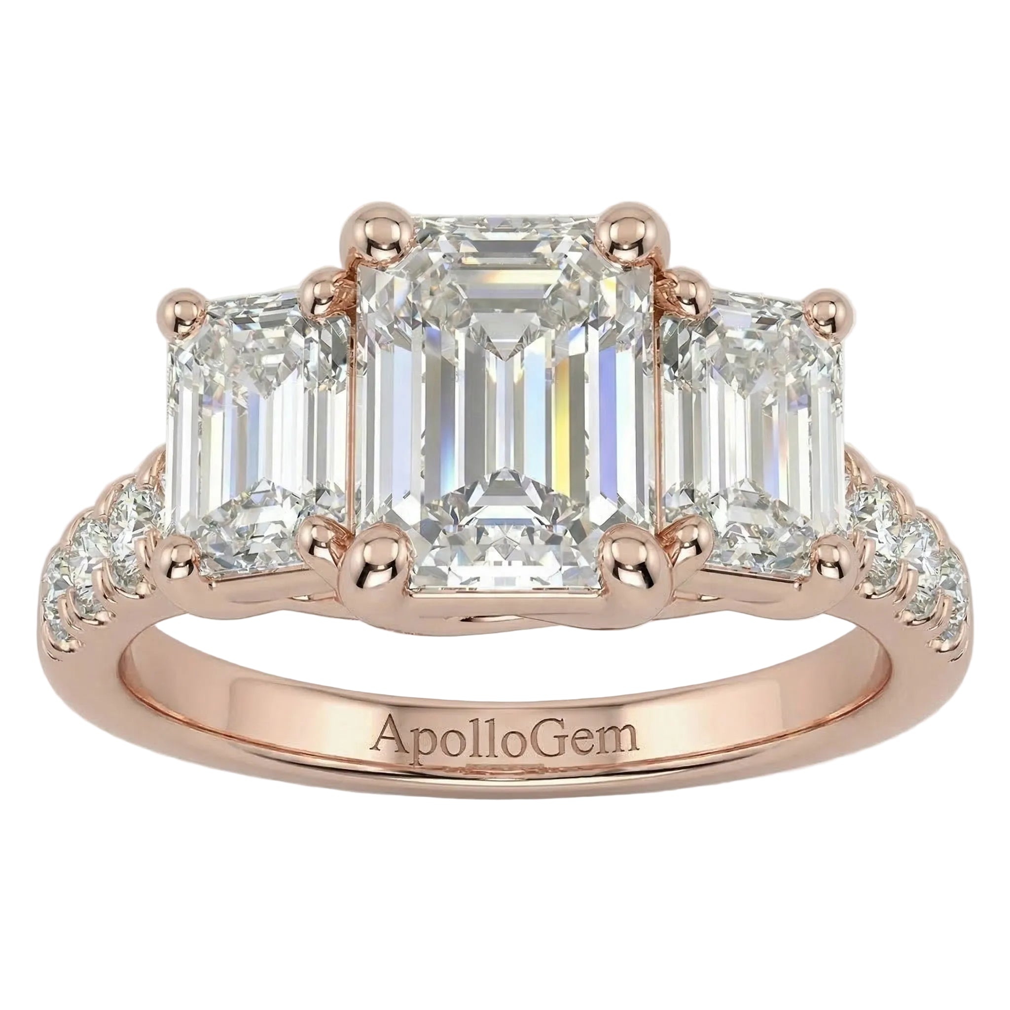 Emerald cut moissanite trilogy engagement ring with a pavé-set rose gold band ApolloGem.