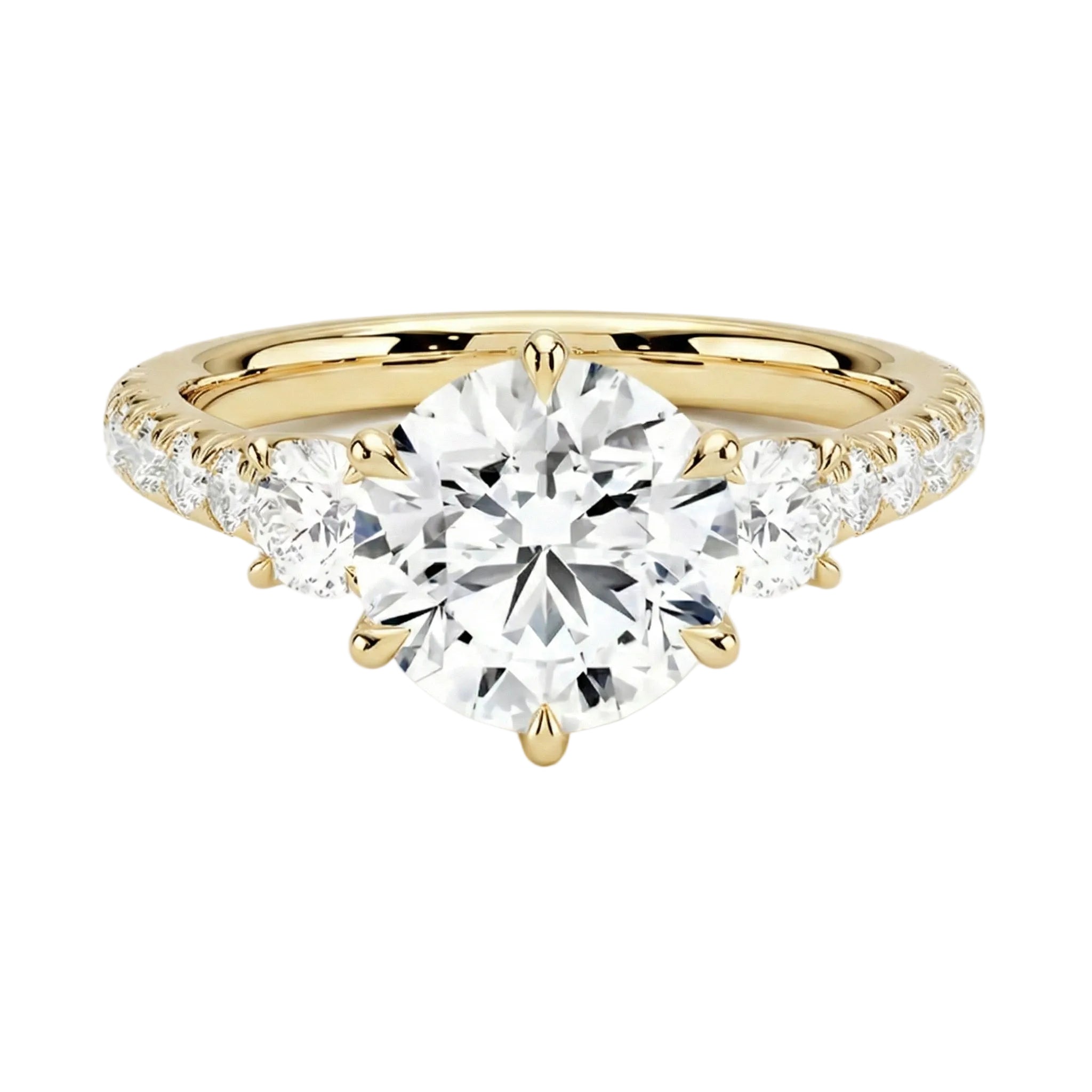 Round brilliant moissanite engagement ring yellow gold pavé band three stone style
