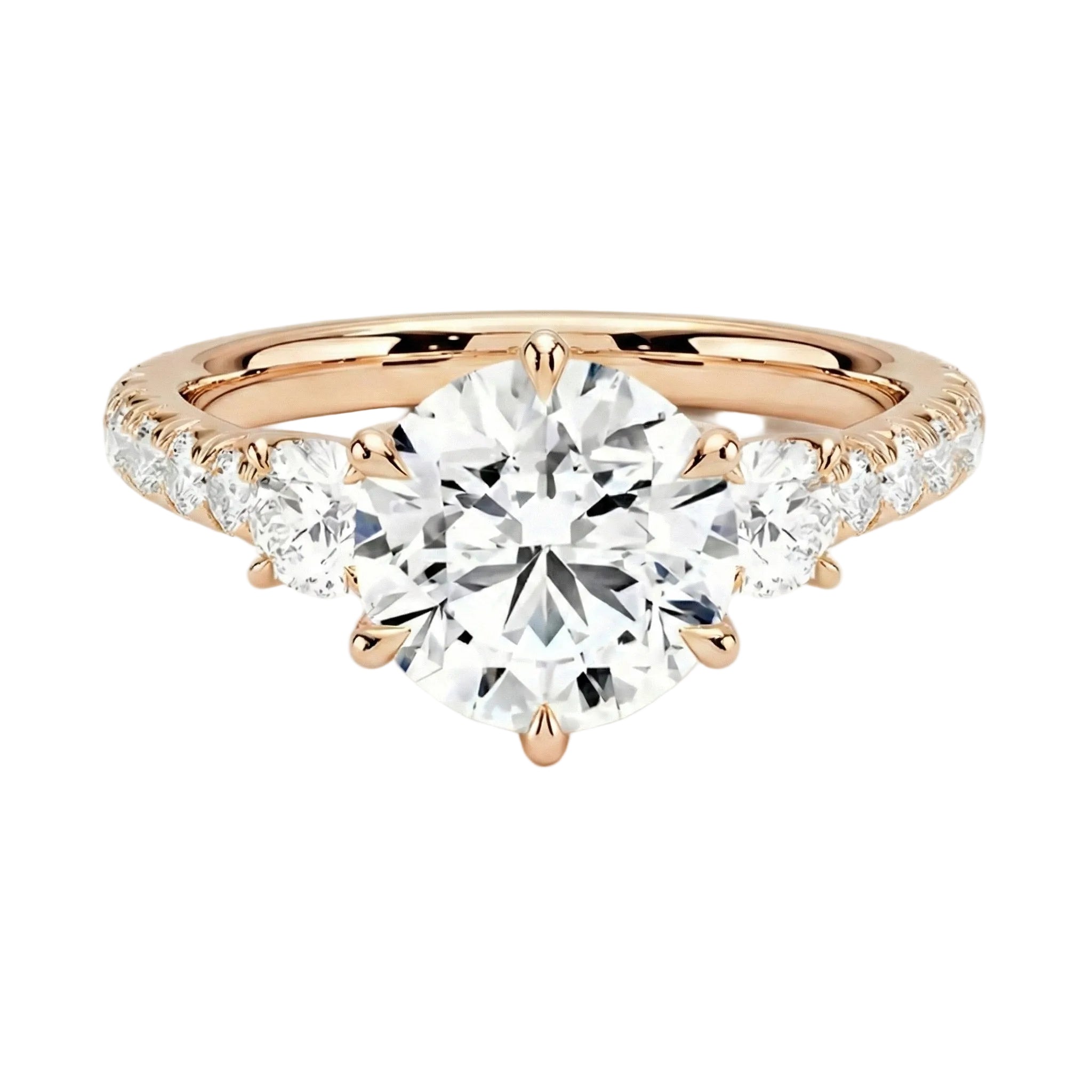 Rose gold multi stone engagement ring with round side stones and pavé accents