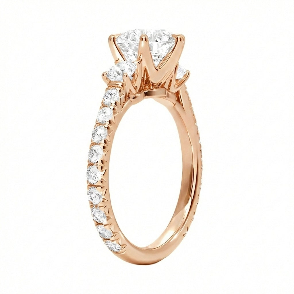 D-color VVS1 moissanite ring detail six prong setting and sparkly band