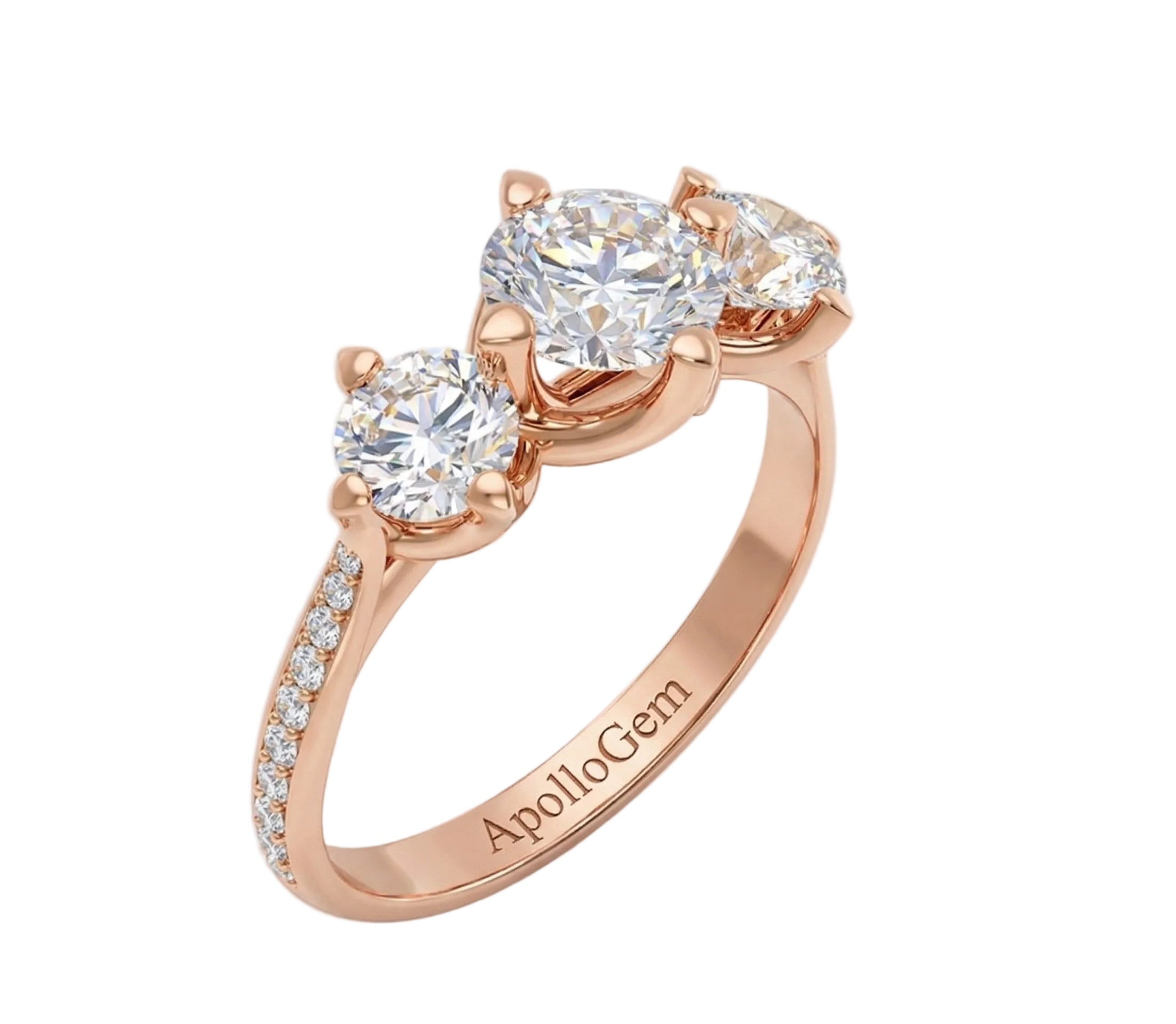 Eternal Round Trilogy three-stone moissanite ring with a sparkling pavé-set rose gold band ApolloGem