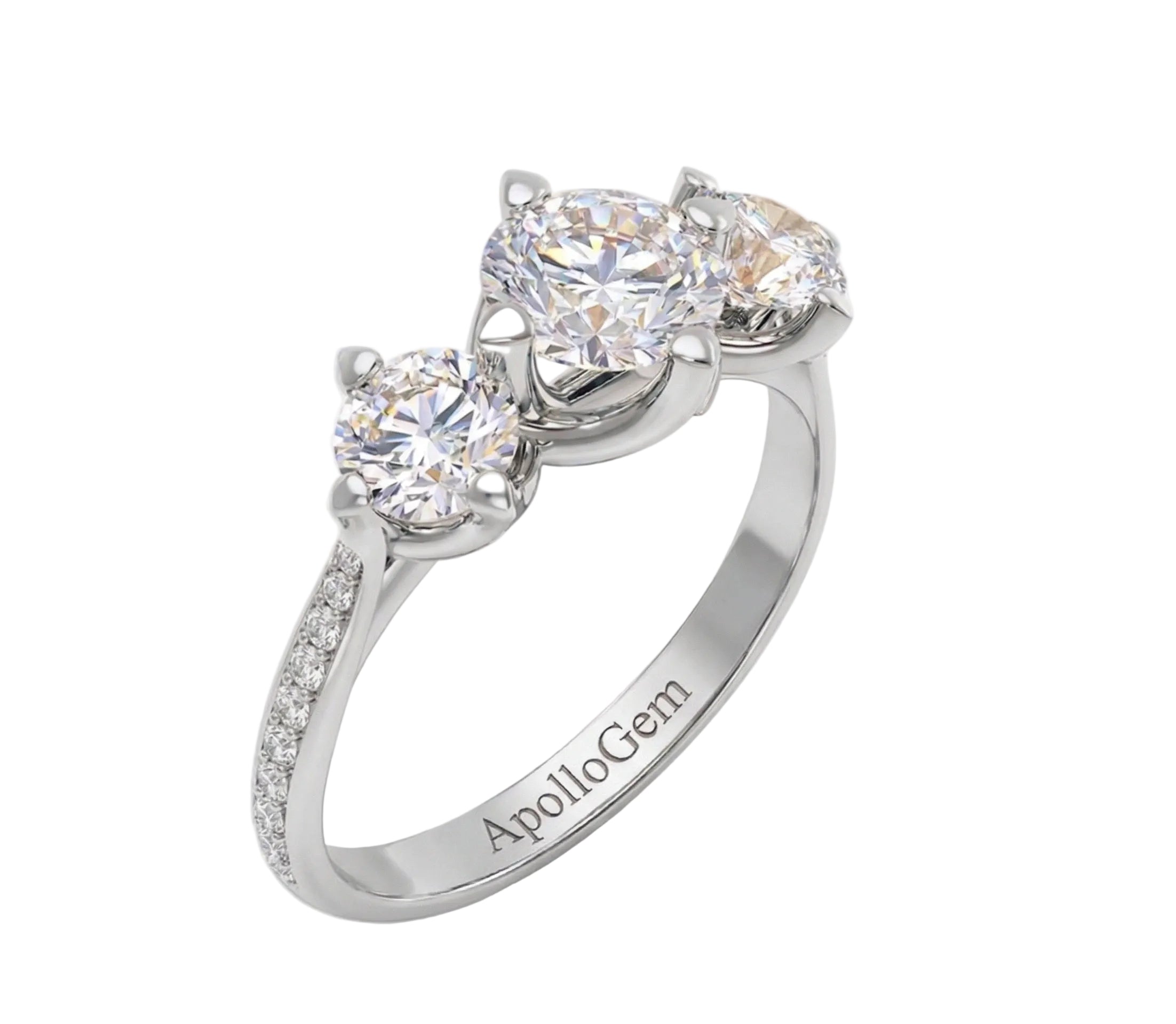 Eternal Round Trilogy three-stone moissanite ring with a sparkling pavé-set white gold band ApolloGem