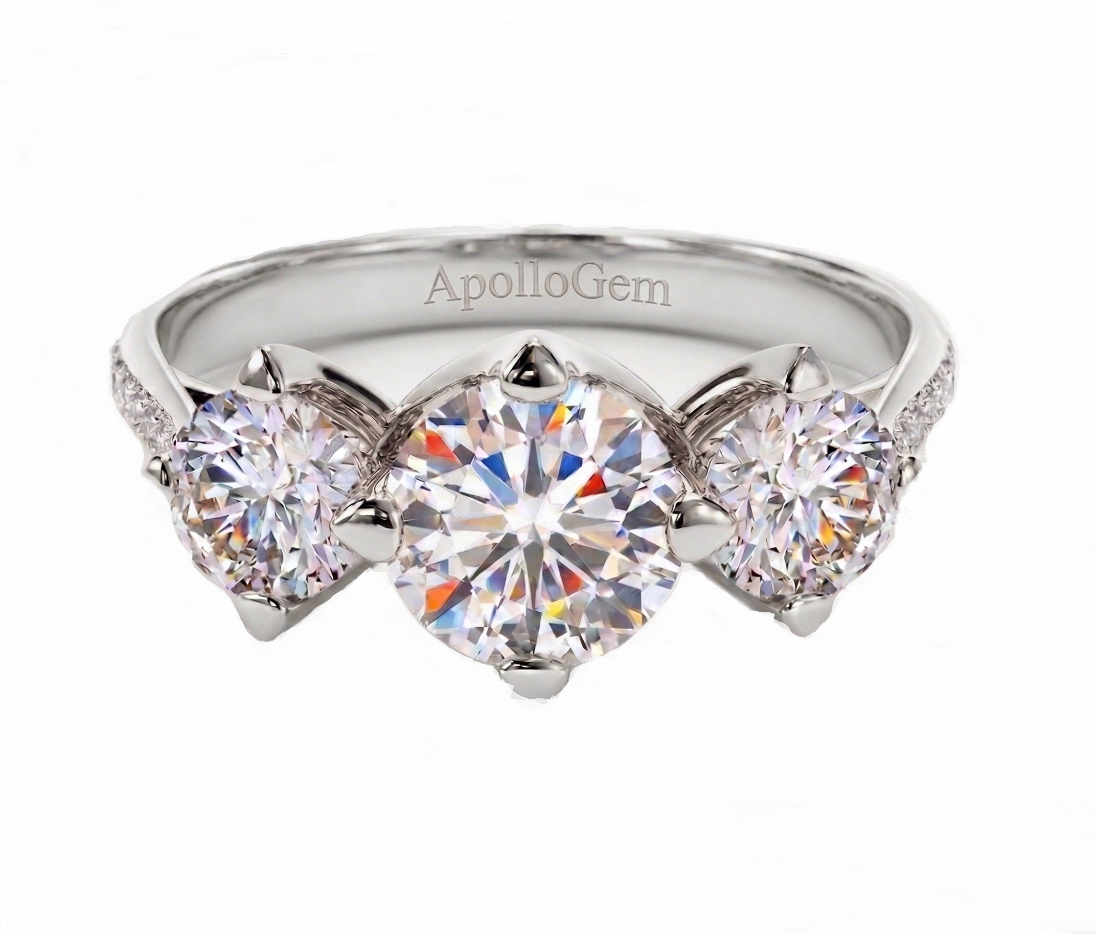 Side profile of the Eternal Round Trilogy ring showing architectural baskets and shimmering pavé shank