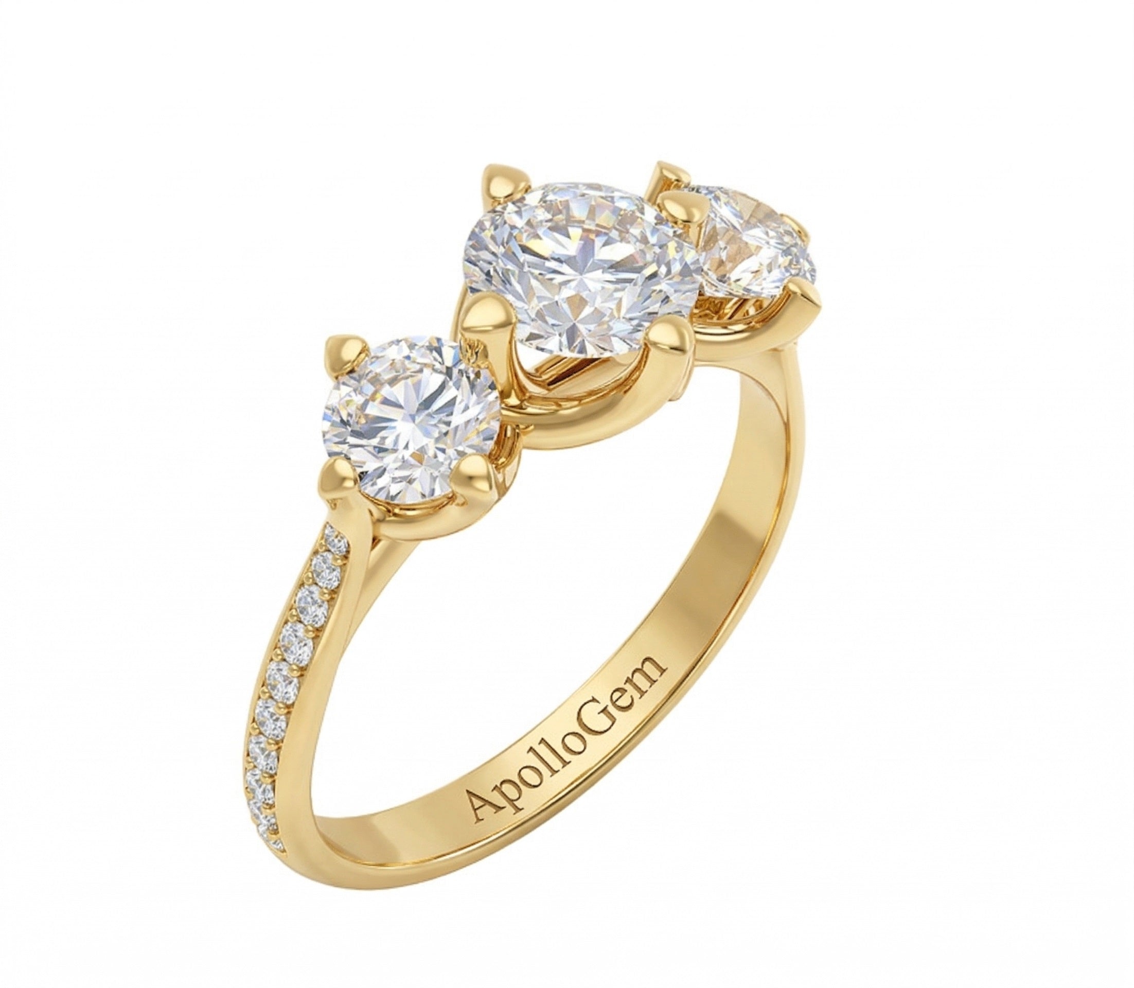 Eternal Round Trilogy three-stone moissanite ring with a sparkling pavé-set yellow gold band ApolloGem