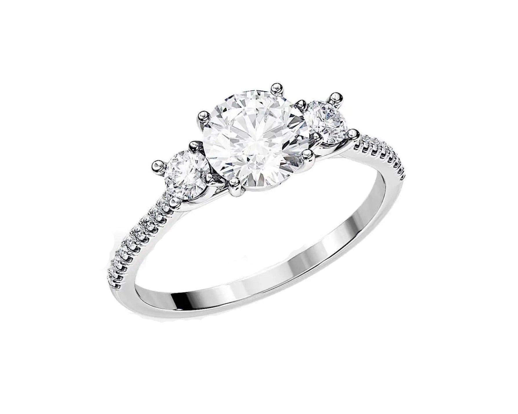 Three stone engagement ring round cut pave band white gold trilogy style South Africa