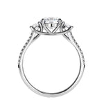 Past present future ring with 3 round moissanite stones and diamond band details