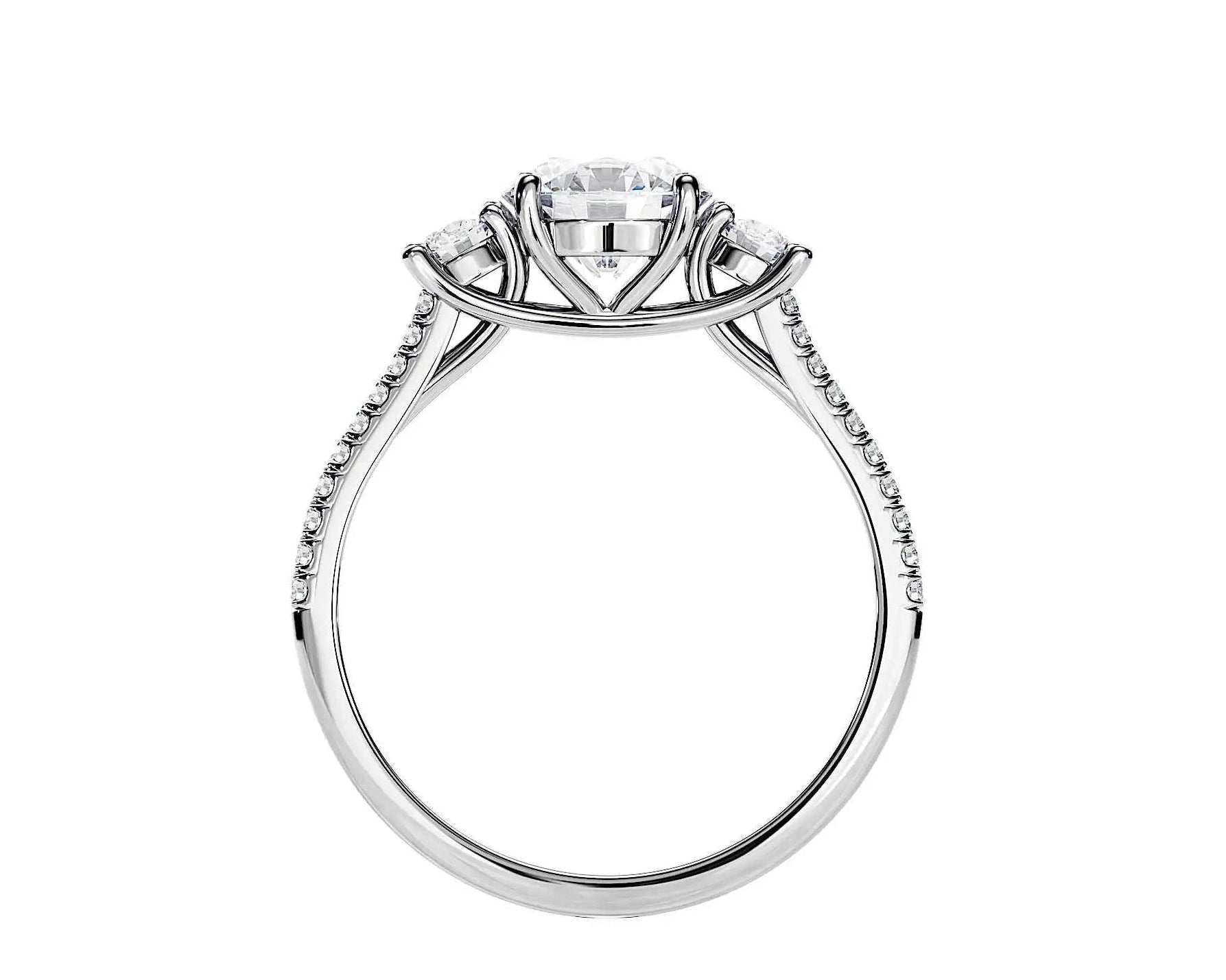 Past present future ring with 3 round moissanite stones and diamond band details