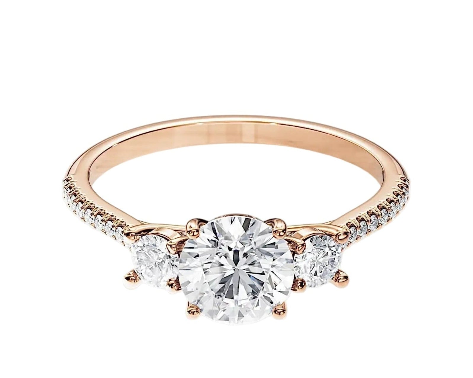 Rose gold ring with a diamond on a white background