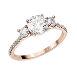 Round brilliant moissanite trilogy engagement ring with pavé-set rose gold band ApolloGem.