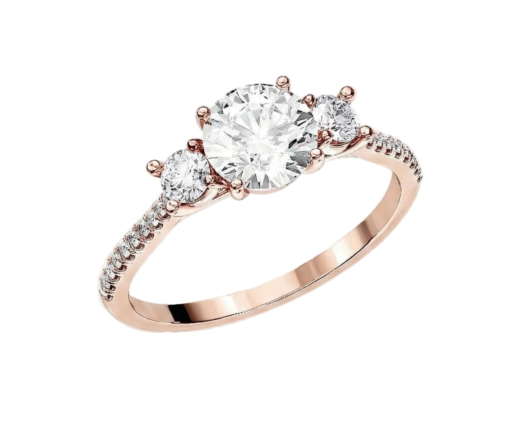 Round brilliant moissanite trilogy engagement ring with pavé-set rose gold band ApolloGem.
