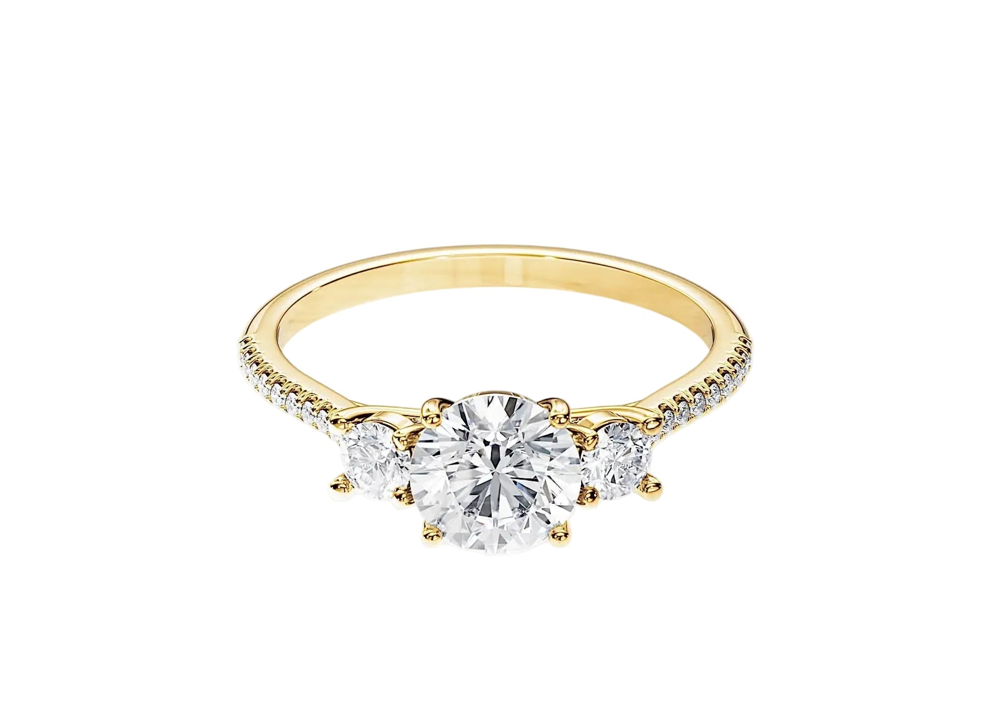 Gold ring with a central diamond and smaller diamonds on a white background