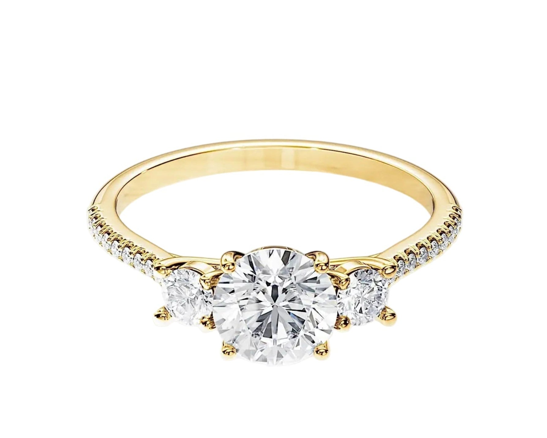 Gold ring with a central diamond and smaller diamonds on a white background