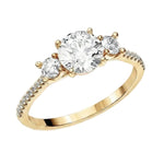 Round brilliant moissanite trilogy engagement ring with pavé-set yellow gold band ApolloGem.