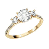 Round brilliant moissanite trilogy engagement ring with pavé-set yellow gold band ApolloGem.