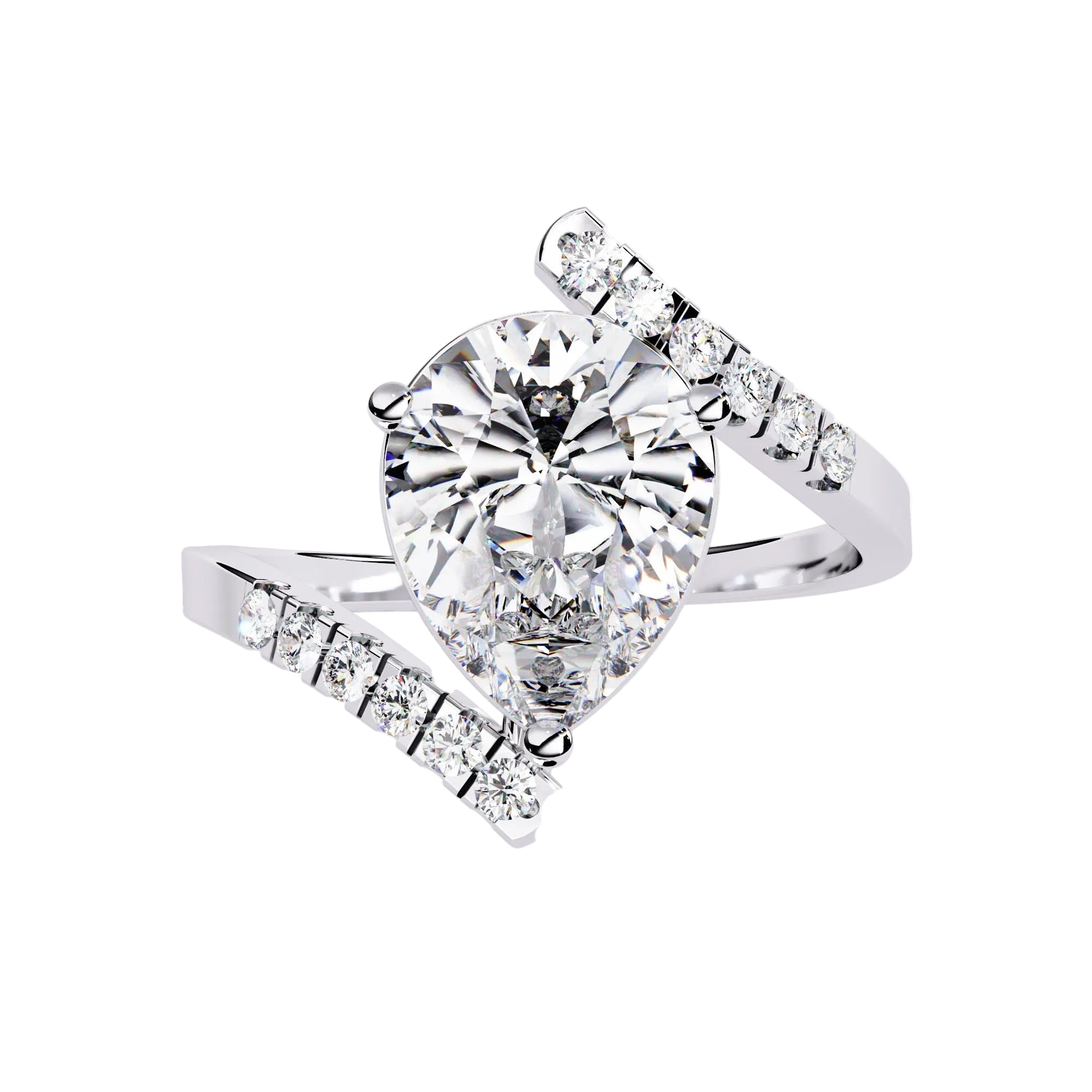 Modern floating pear cut solitaire engagement ring with an open-shank bypass in white gold ApolloGem.