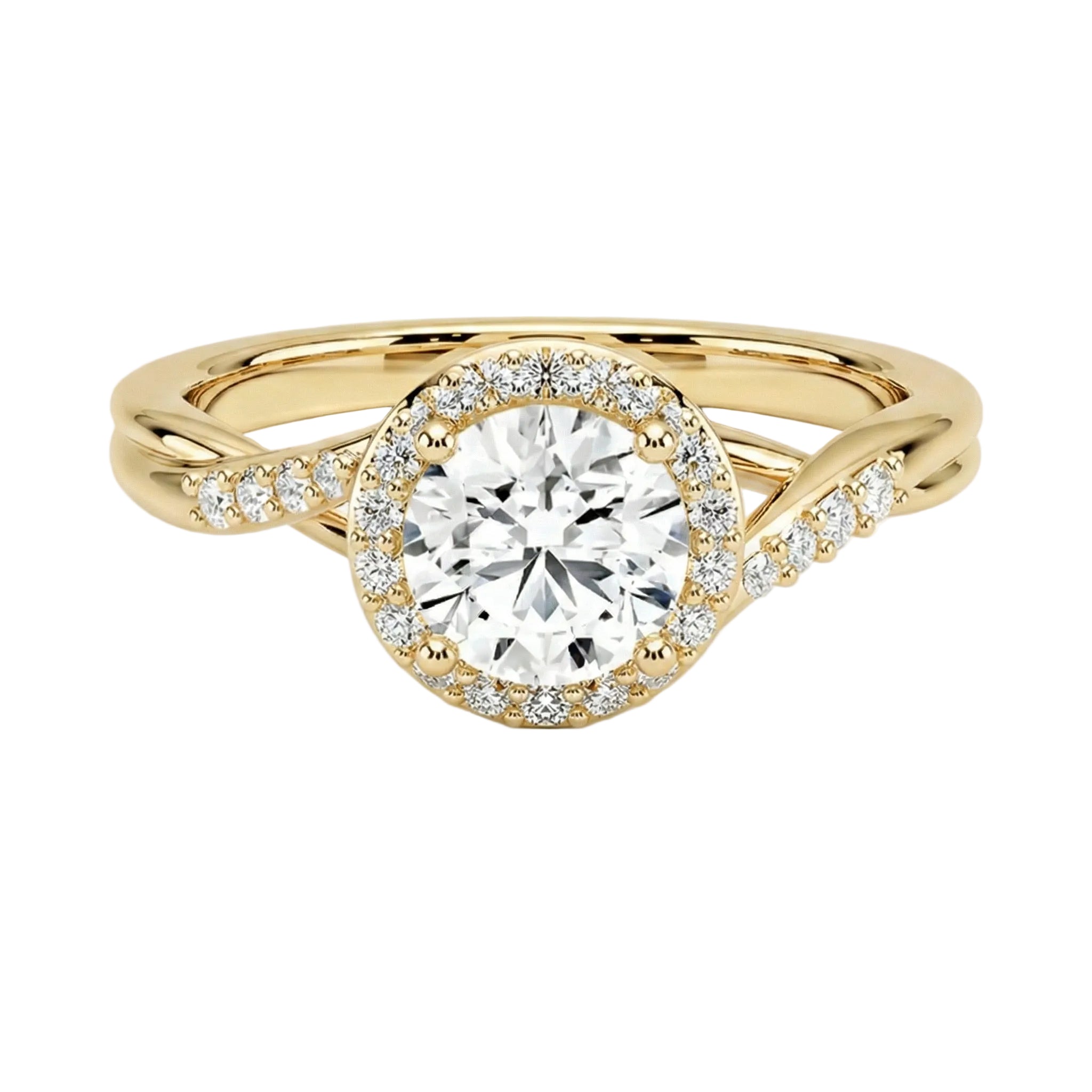 Round cut halo engagement ring with twisted pave band yellow gold South Africa