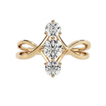 Round brilliant moissanite trilogy engagement ring with a modern infinity loop split-shank ApolloGem.