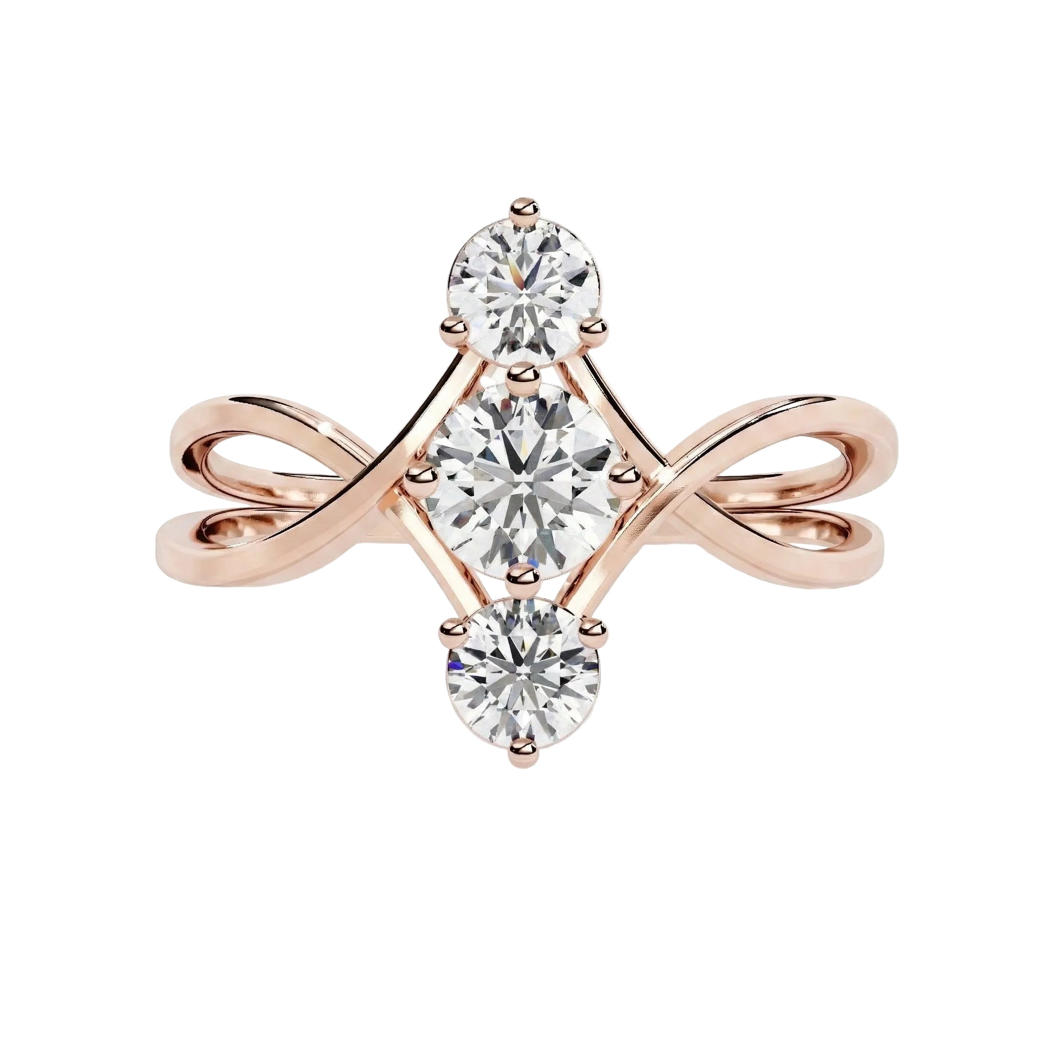 Round brilliant moissanite trilogy engagement ring with a modern infinity loop split-shank ApolloGem.