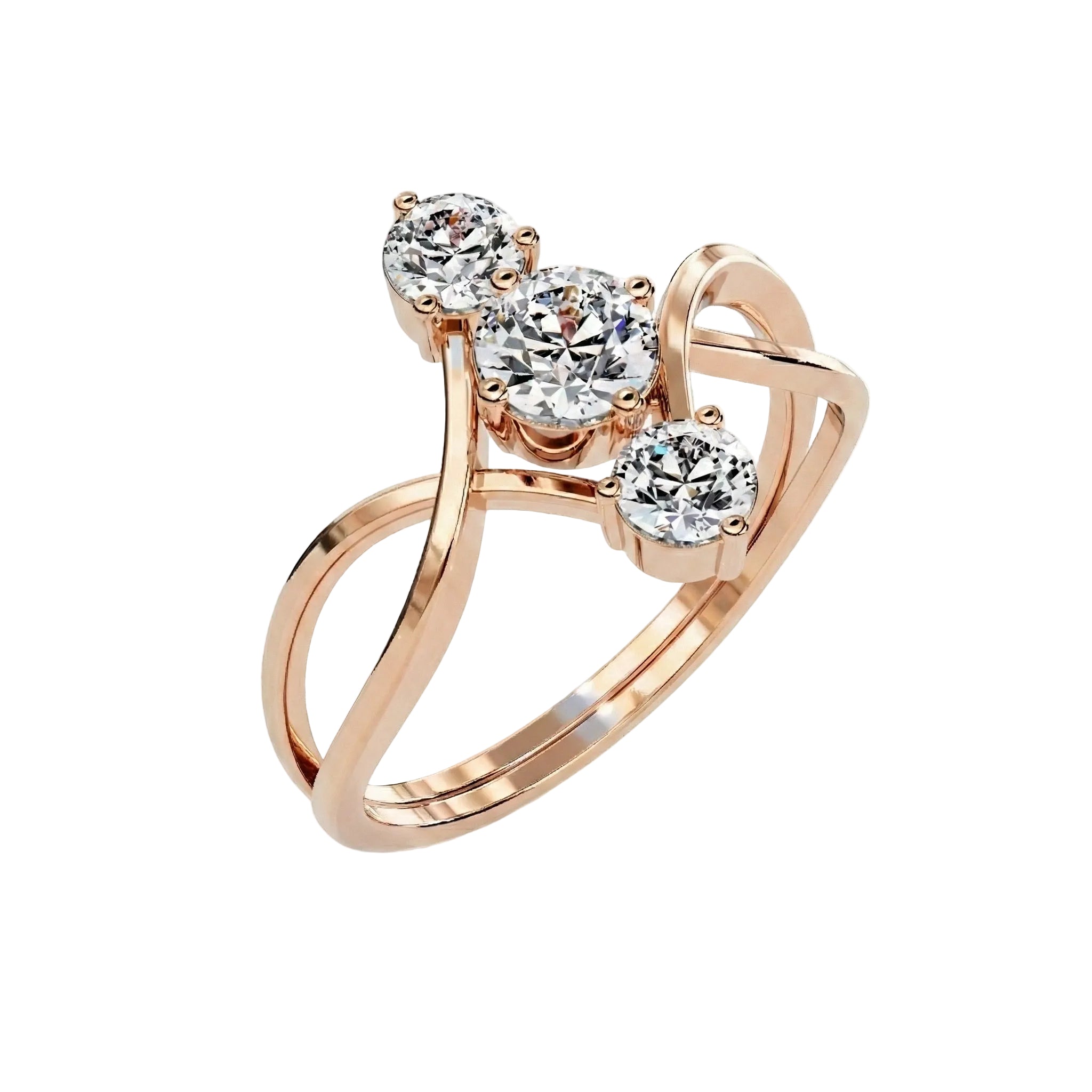Close-up of D-color VVS1 round moissanites integrated into a decorative infinity setting.