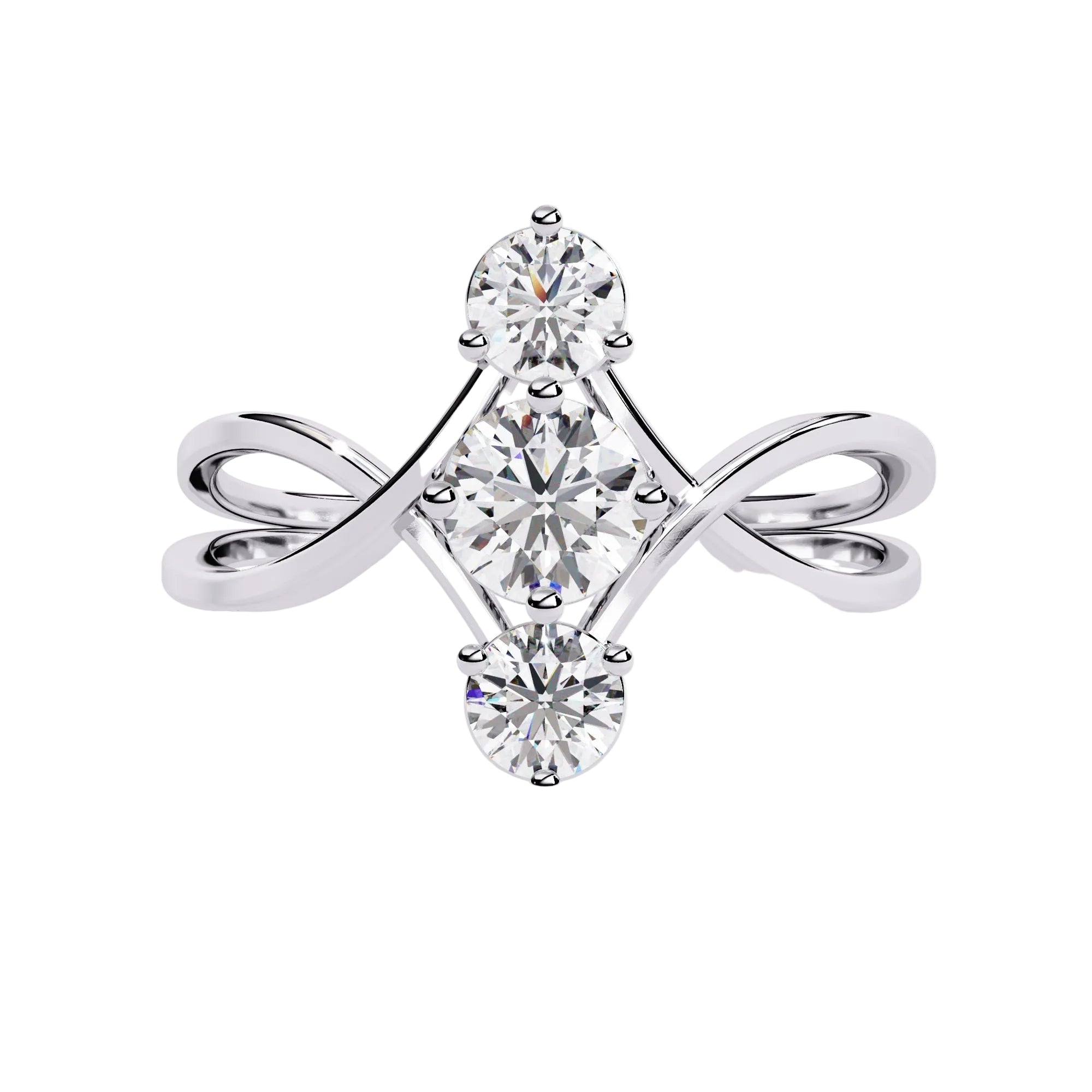 Round brilliant moissanite trilogy engagement ring with a modern infinity loop split-shank ApolloGem.
