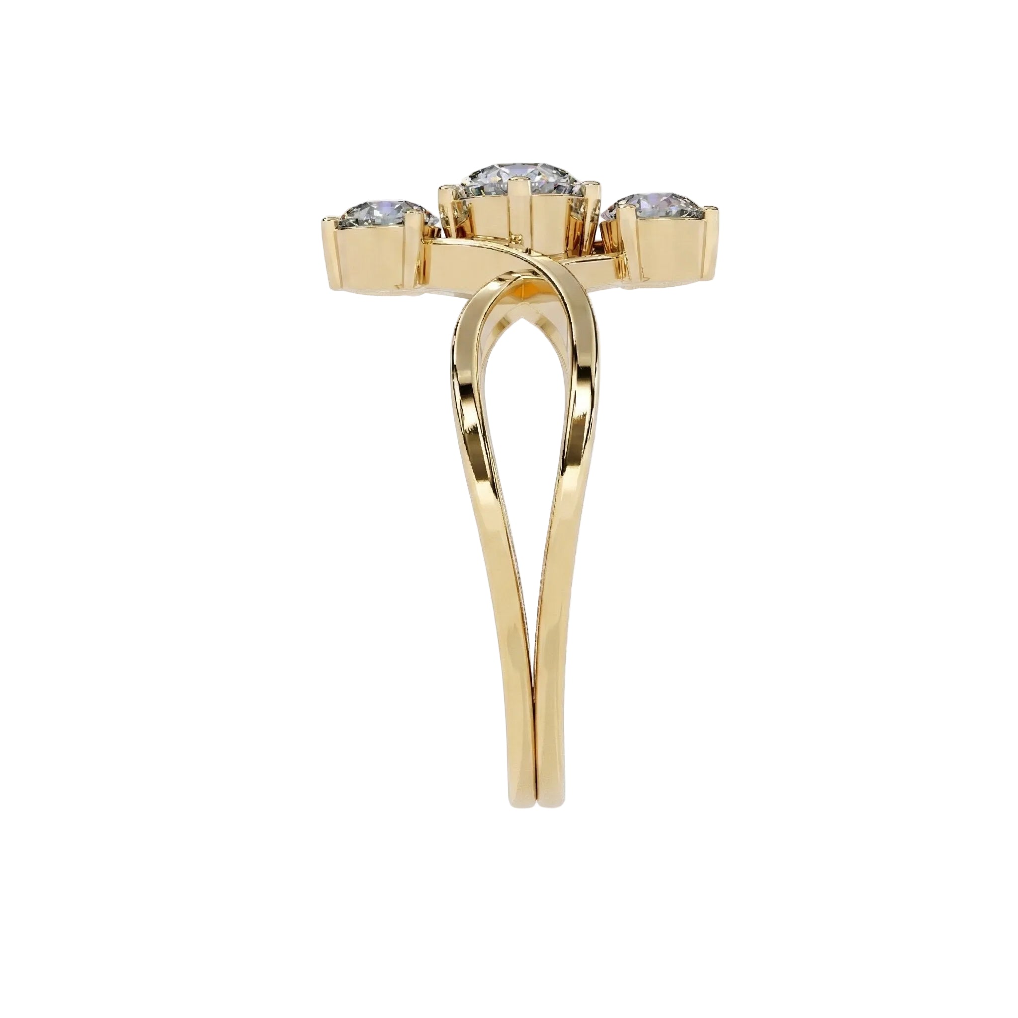 Symmetrical top-down view of the Infinity Loop Trilogy ring in polished yellow gold.