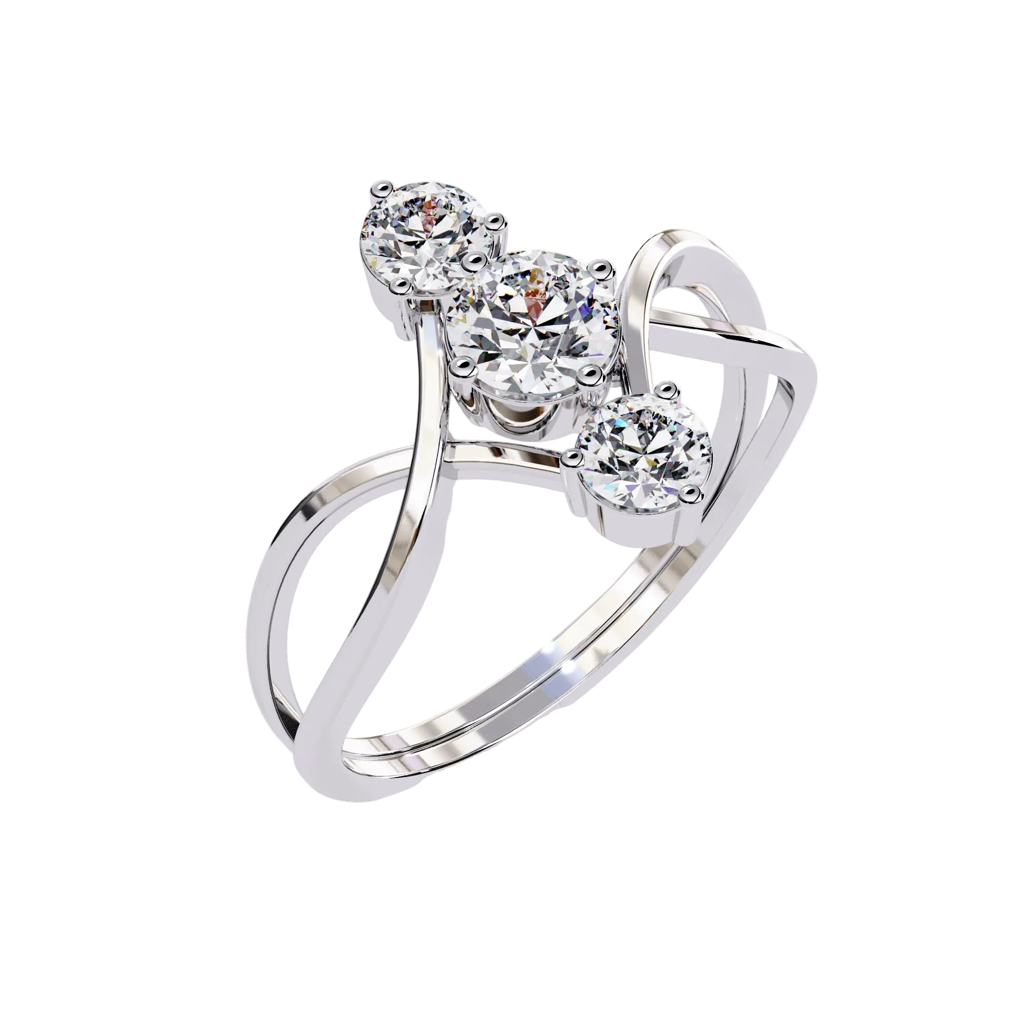 Silver ring with three diamonds on a white background