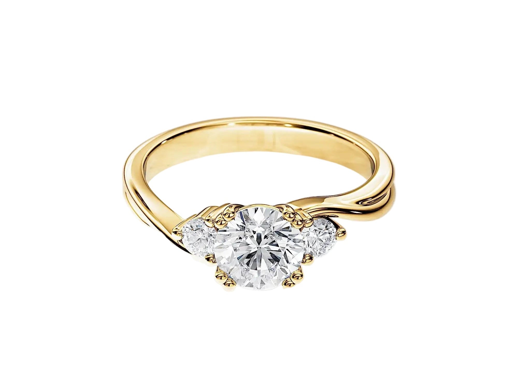 Bypass setting trilogy ring with round moissanite stones side view details