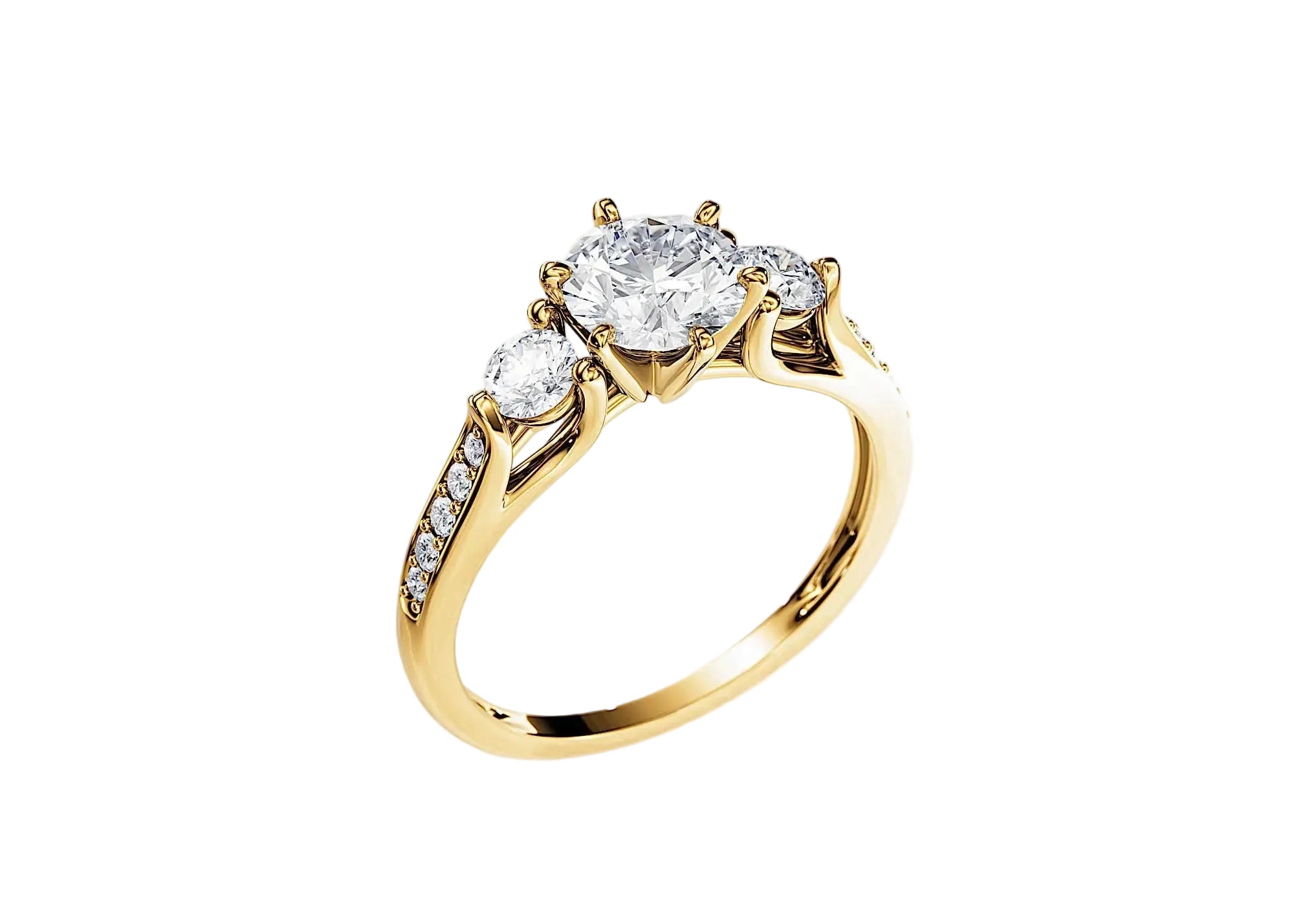 Yellow gold three stone engagement ring with pave band round cut moissanite South Africa