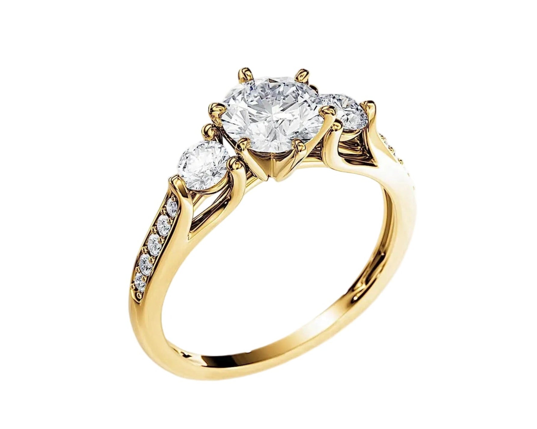 Symmetrical top-down view of the Legacy Trilogy three-stone moissanite ring in yellow gold.