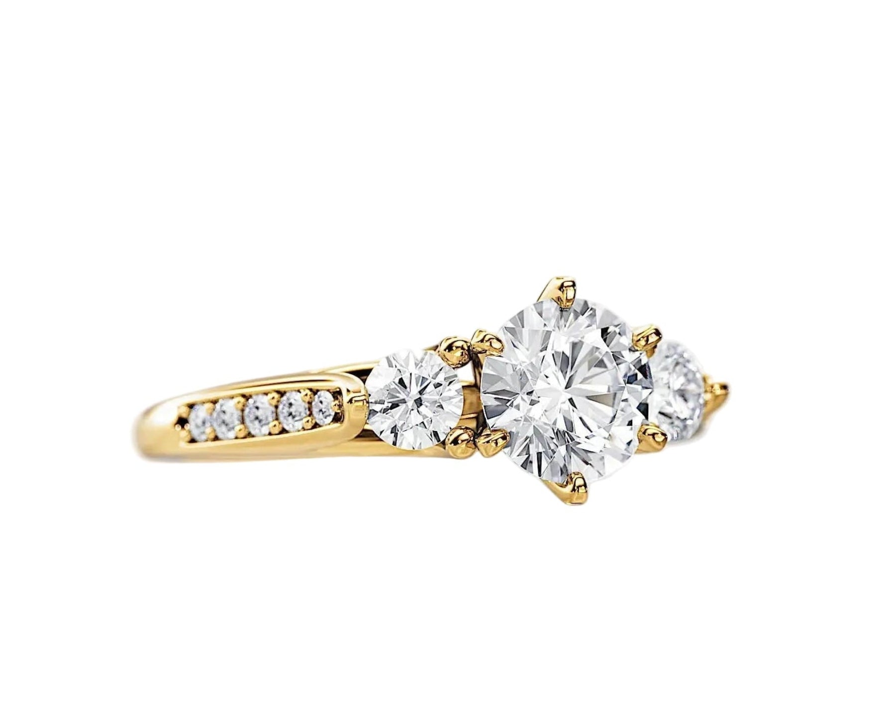 Detailed side view showing the architectural baskets and shimmering pavé shank of the Legacy ring.